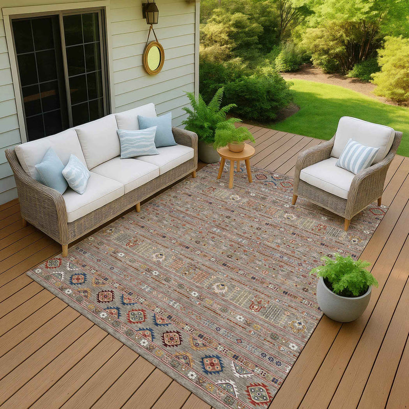 9' X 12' Taupe Blue And Copper Tribal Washable Indoor Outdoor Area Rug