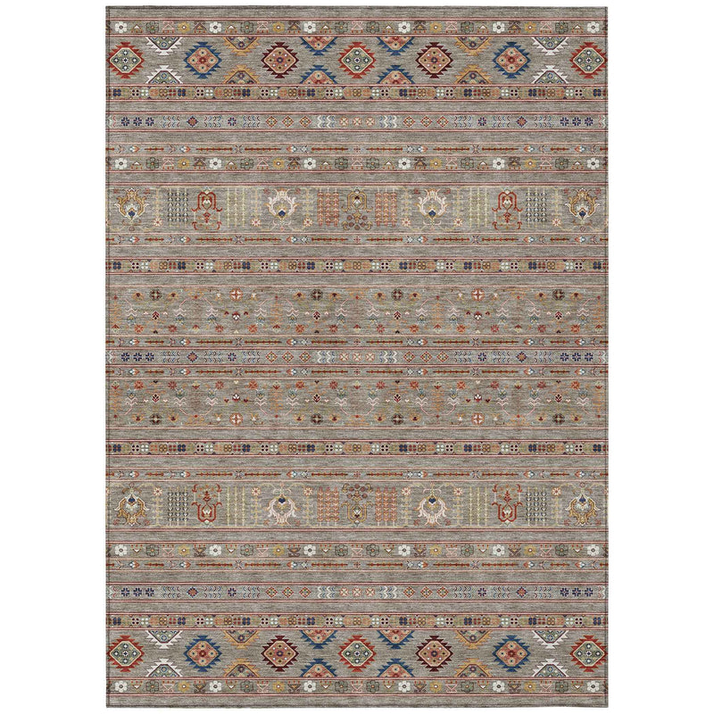 9' X 12' Taupe Blue And Copper Tribal Washable Indoor Outdoor Area Rug