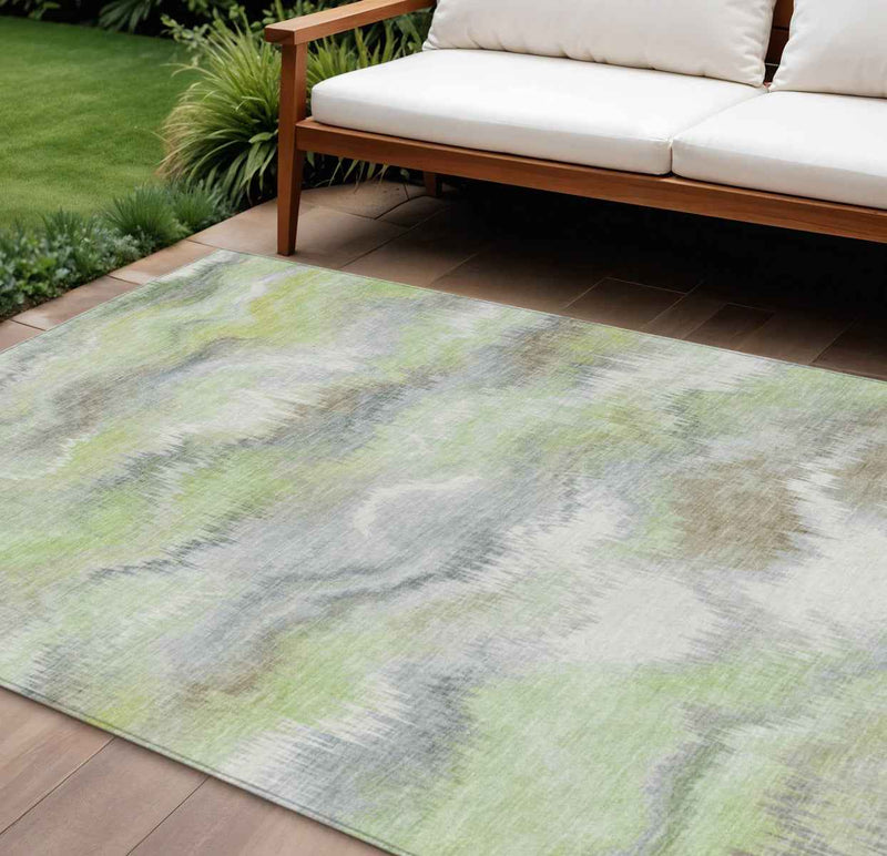 10' X 14' Artichoke Green And Ivory Abstract Washable Indoor Outdoor Area Rug