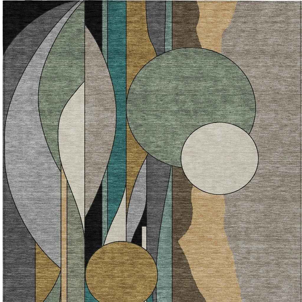 9' X 12' Taupe Ivory And Gold Geometric Washable Indoor Outdoor Area Rug