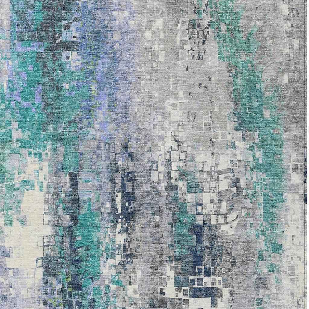 8' X 10' Teal Blue Ivory Gray And Copper Abstract Washable Indoor Outdoor Area Rug
