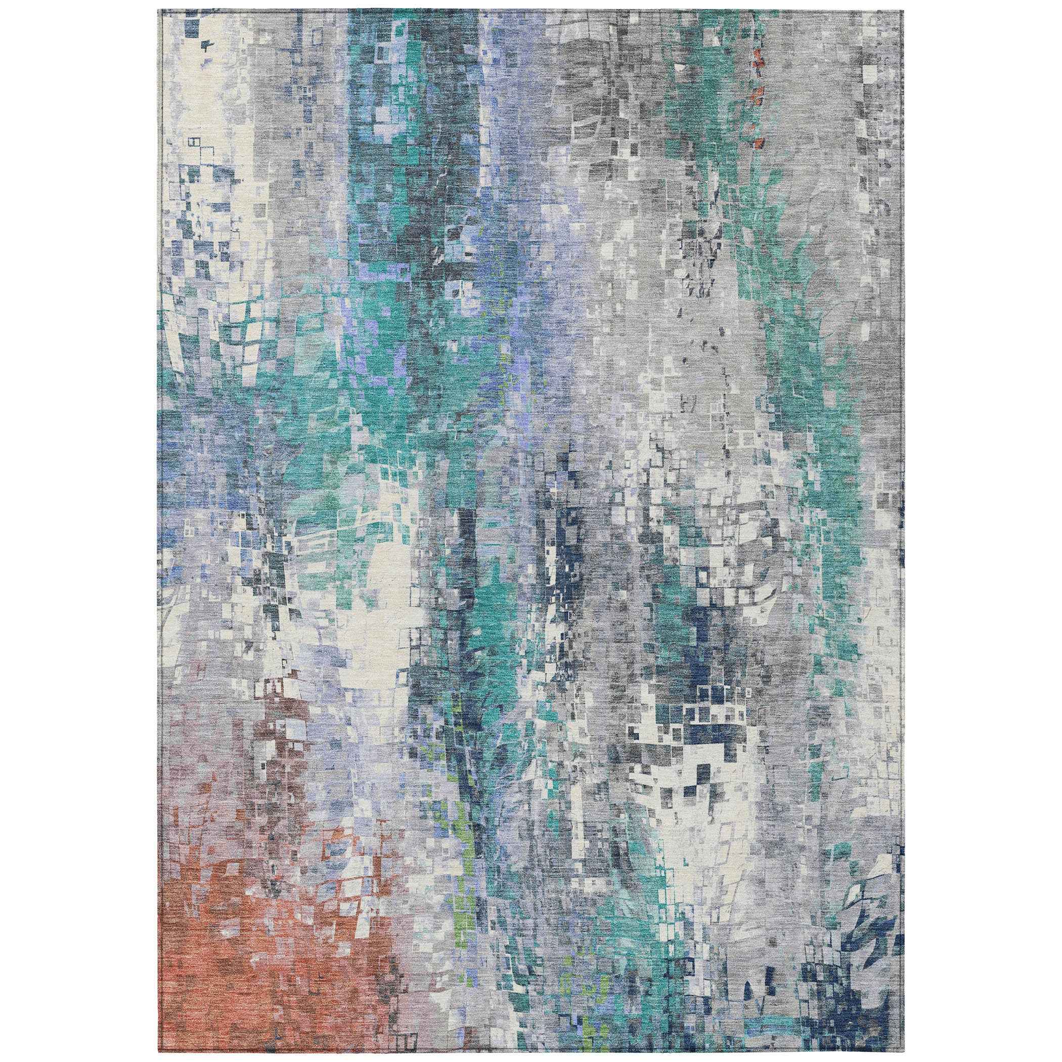8' X 10' Teal Blue Ivory Gray And Copper Abstract Washable Indoor Outdoor Area Rug