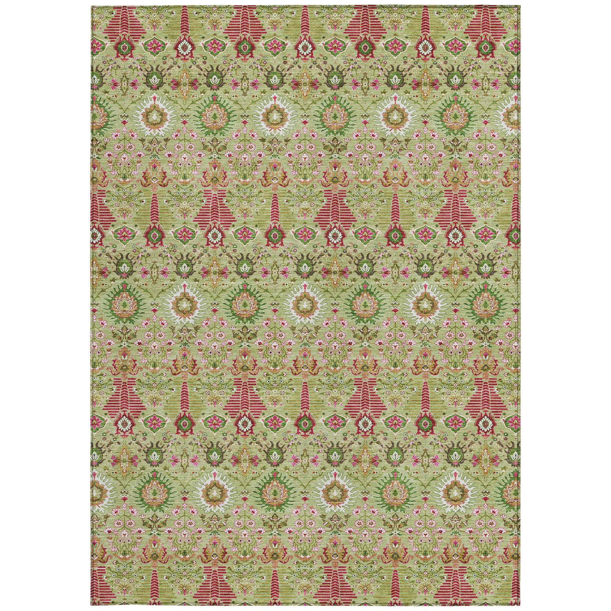 3' X 5' Artichoke Green And Blush Floral Washable Indoor Outdoor Area Rug
