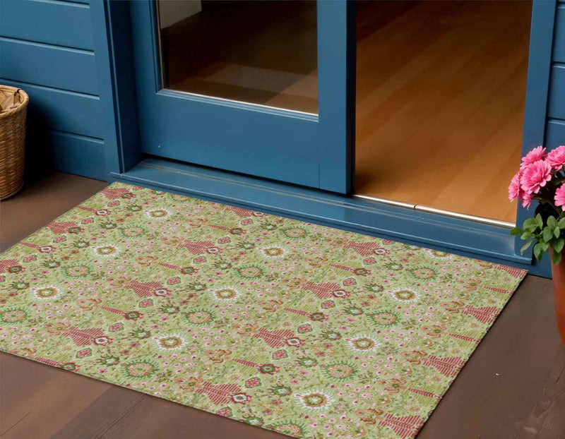 3' X 5' Artichoke Green And Blush Floral Washable Indoor Outdoor Area Rug