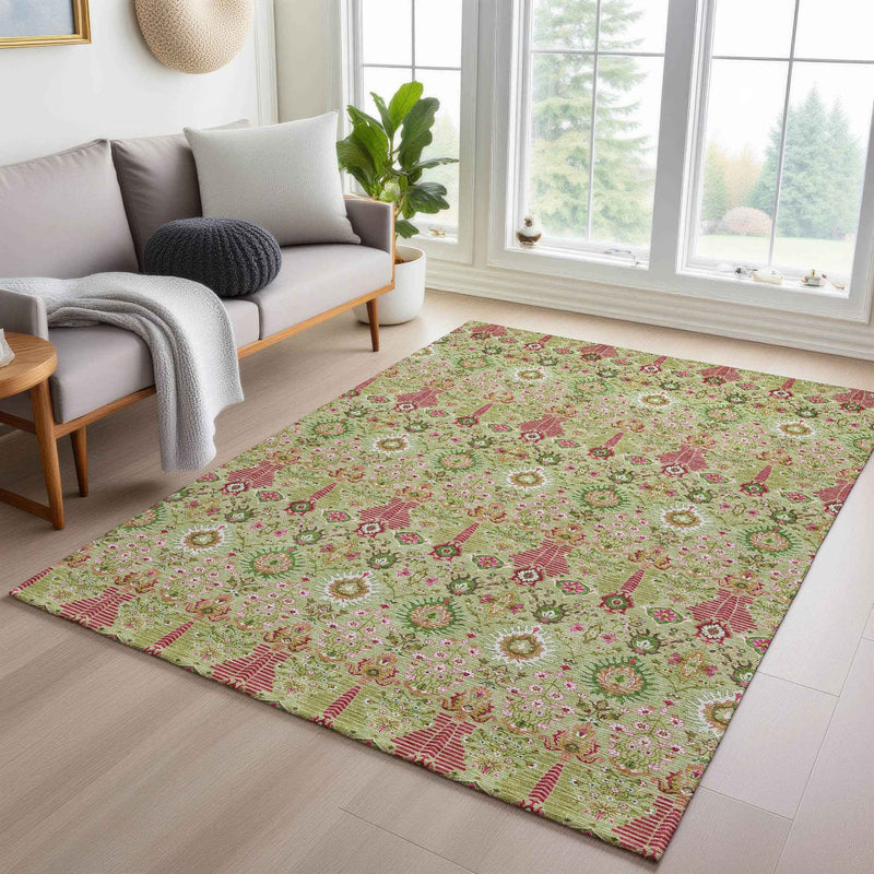3' X 5' Artichoke Green And Blush Floral Washable Indoor Outdoor Area Rug