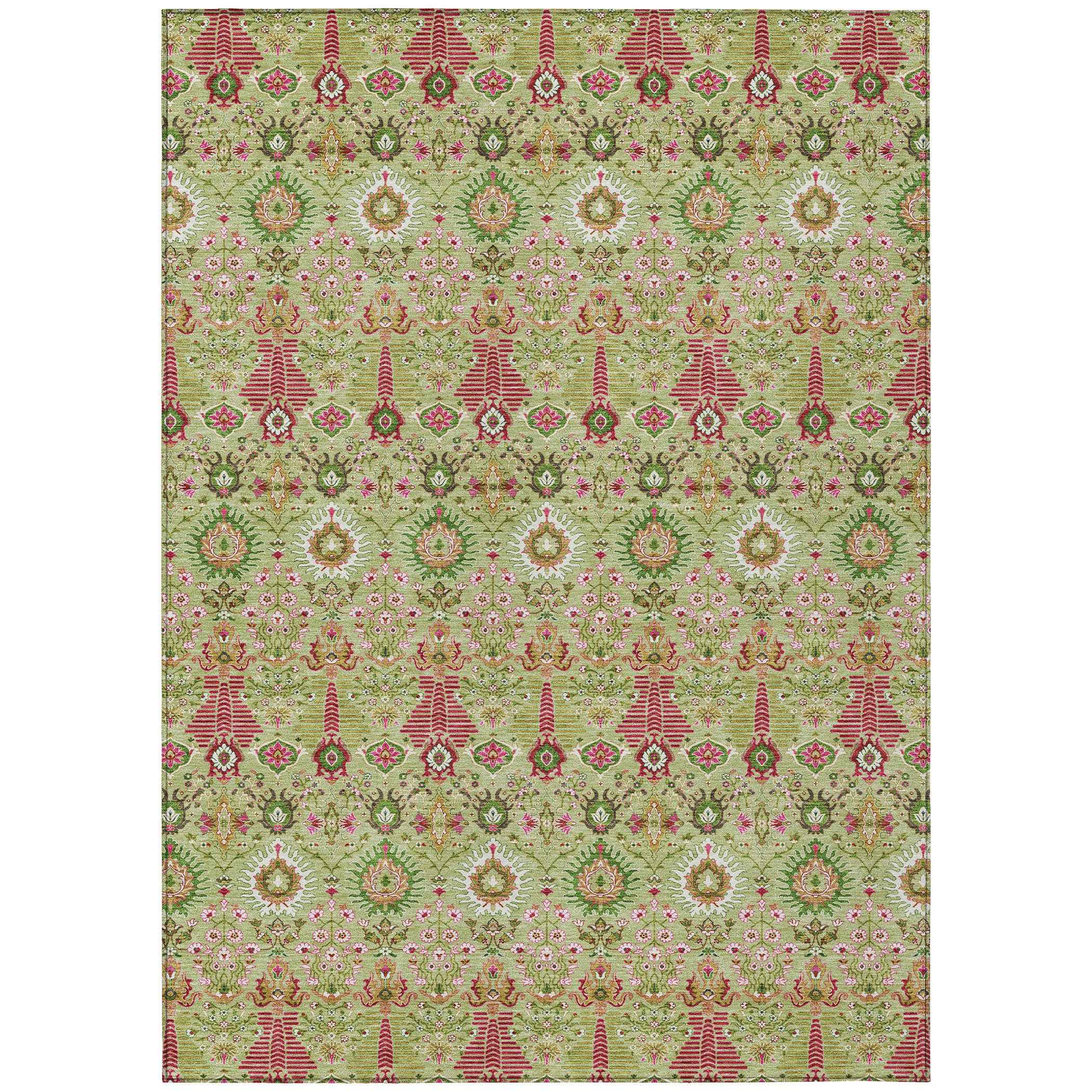 3' X 5' Artichoke Green And Blush Floral Washable Indoor Outdoor Area Rug