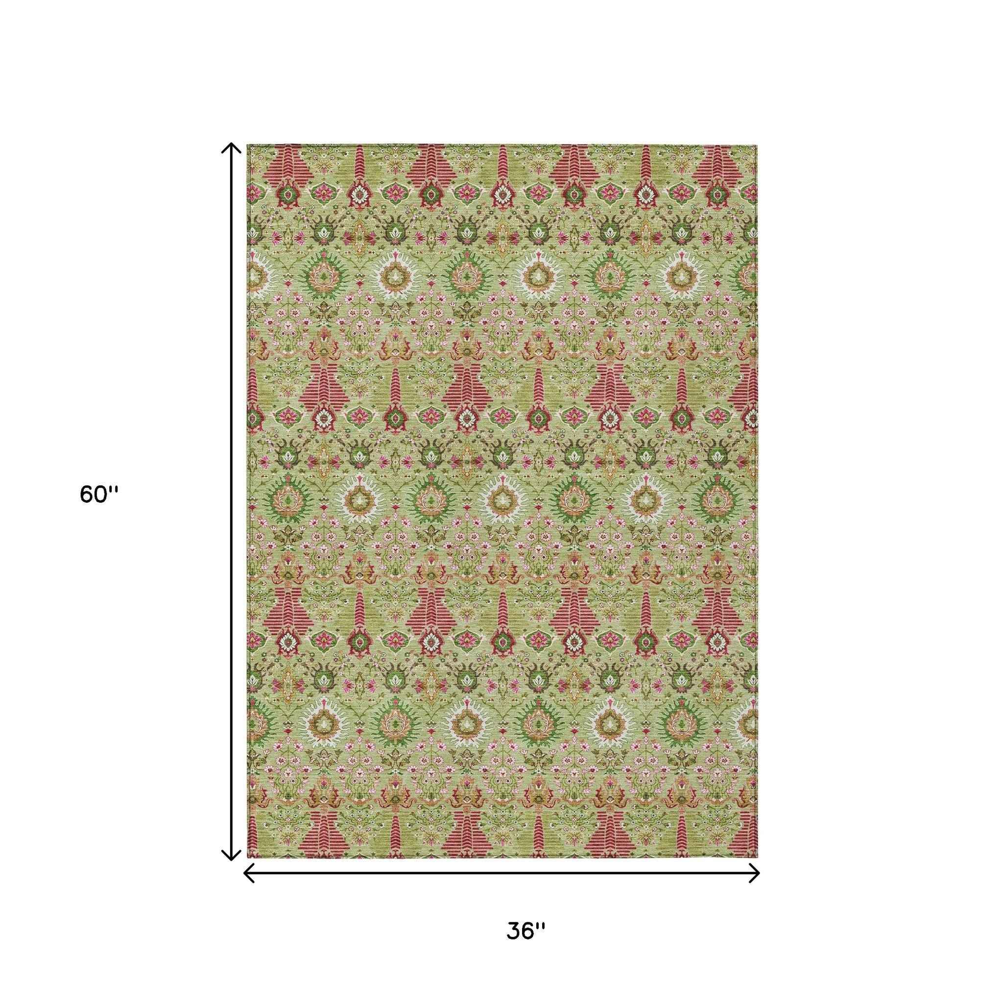 3' X 5' Artichoke Green And Blush Floral Washable Indoor Outdoor Area Rug