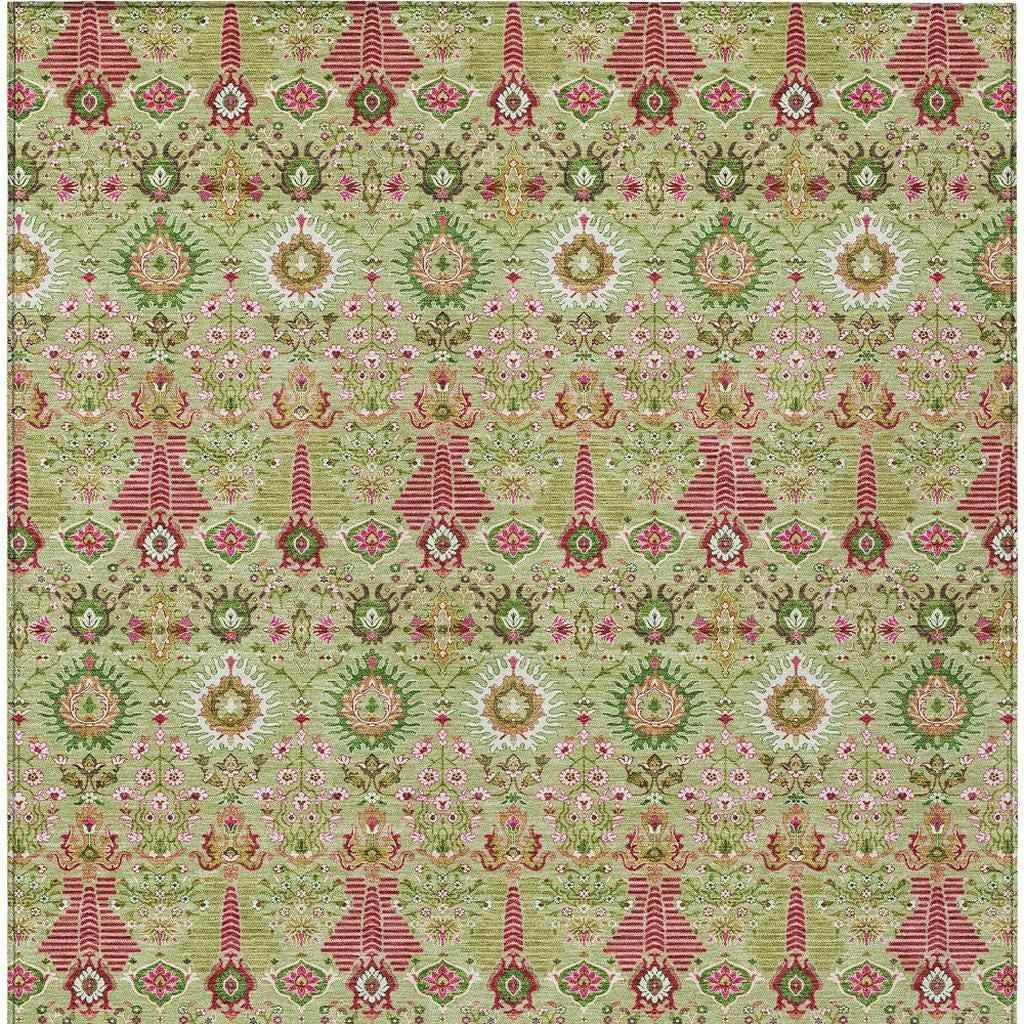 3' X 5' Artichoke Green And Blush Floral Washable Indoor Outdoor Area Rug