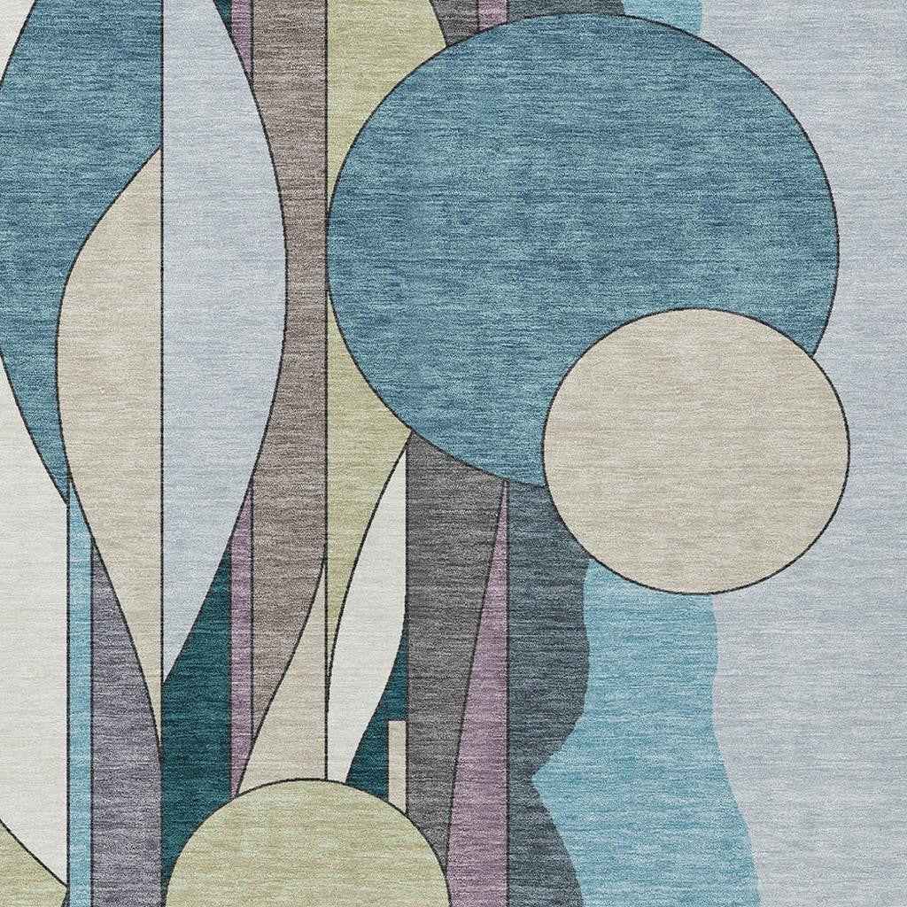 10' X 14' Teal Blue Ivory And Green Geometric Washable Indoor Outdoor Area Rug