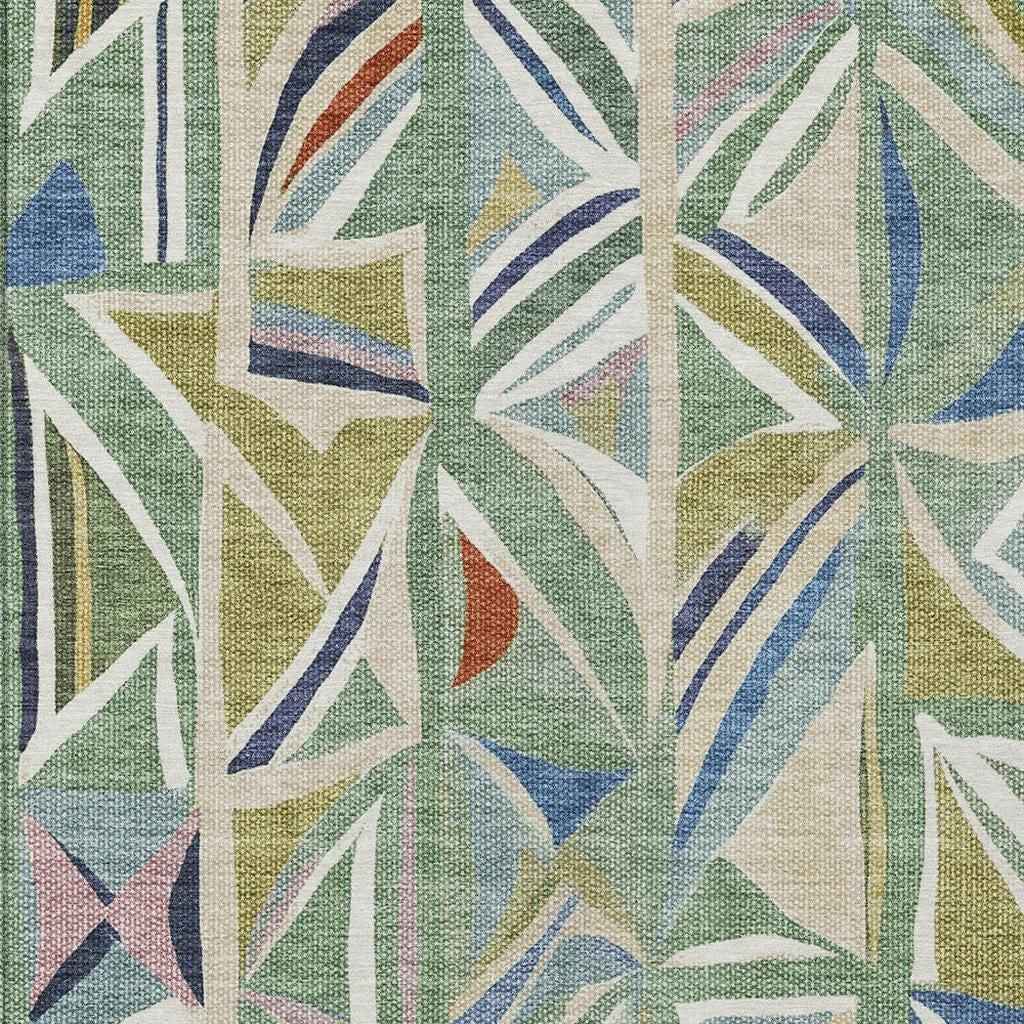 5' X 8' Sage Blue And Ivory Geometric Washable Indoor Outdoor Area Rug