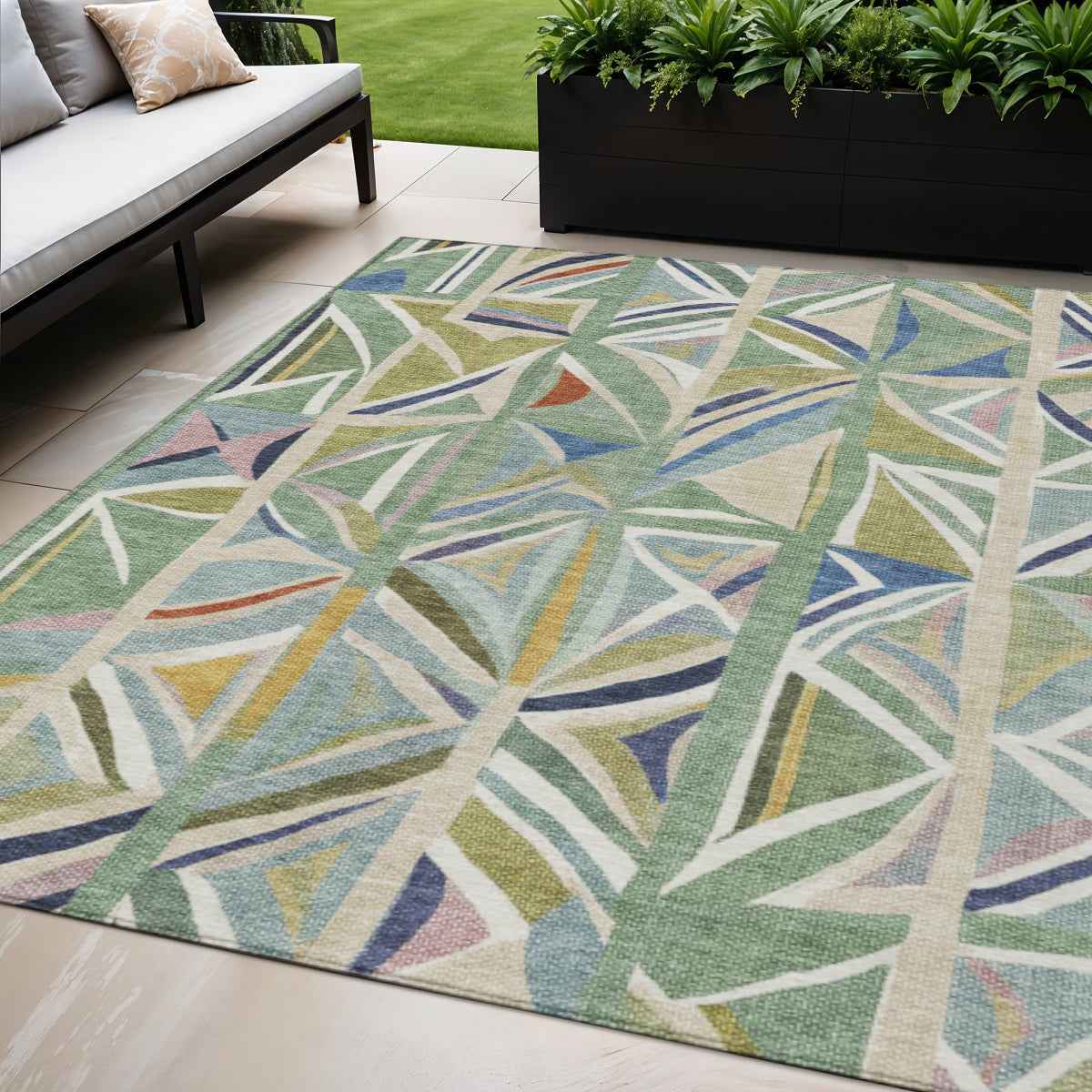 5' X 8' Sage Blue And Ivory Geometric Washable Indoor Outdoor Area Rug