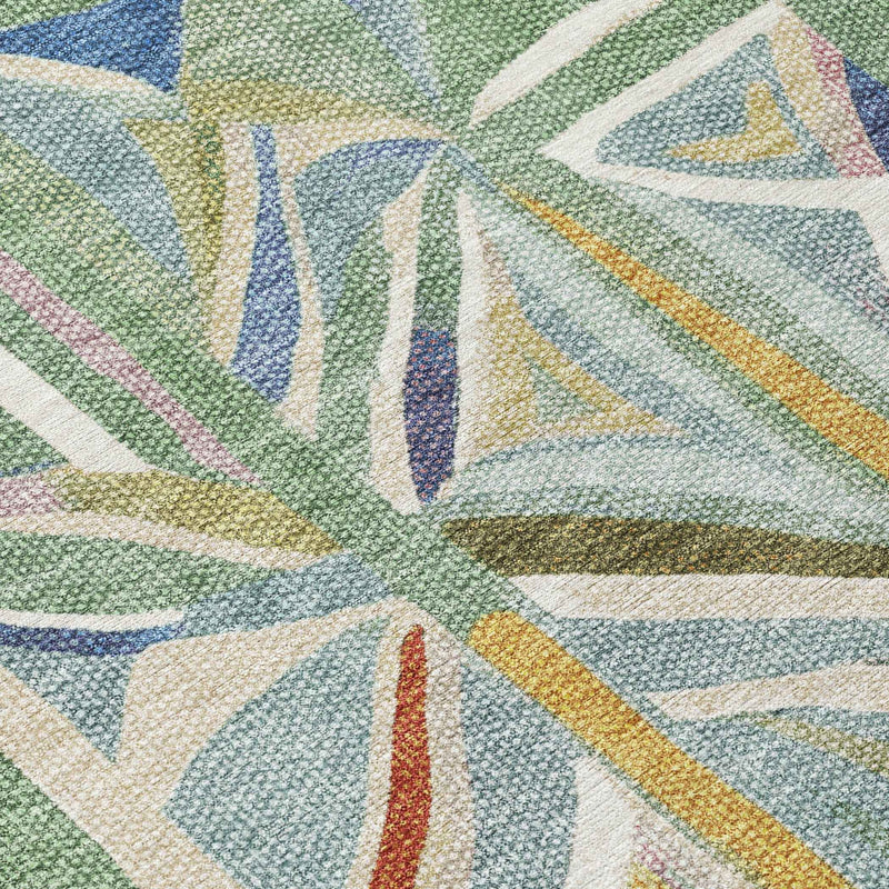 5' X 8' Sage Blue And Ivory Geometric Washable Indoor Outdoor Area Rug