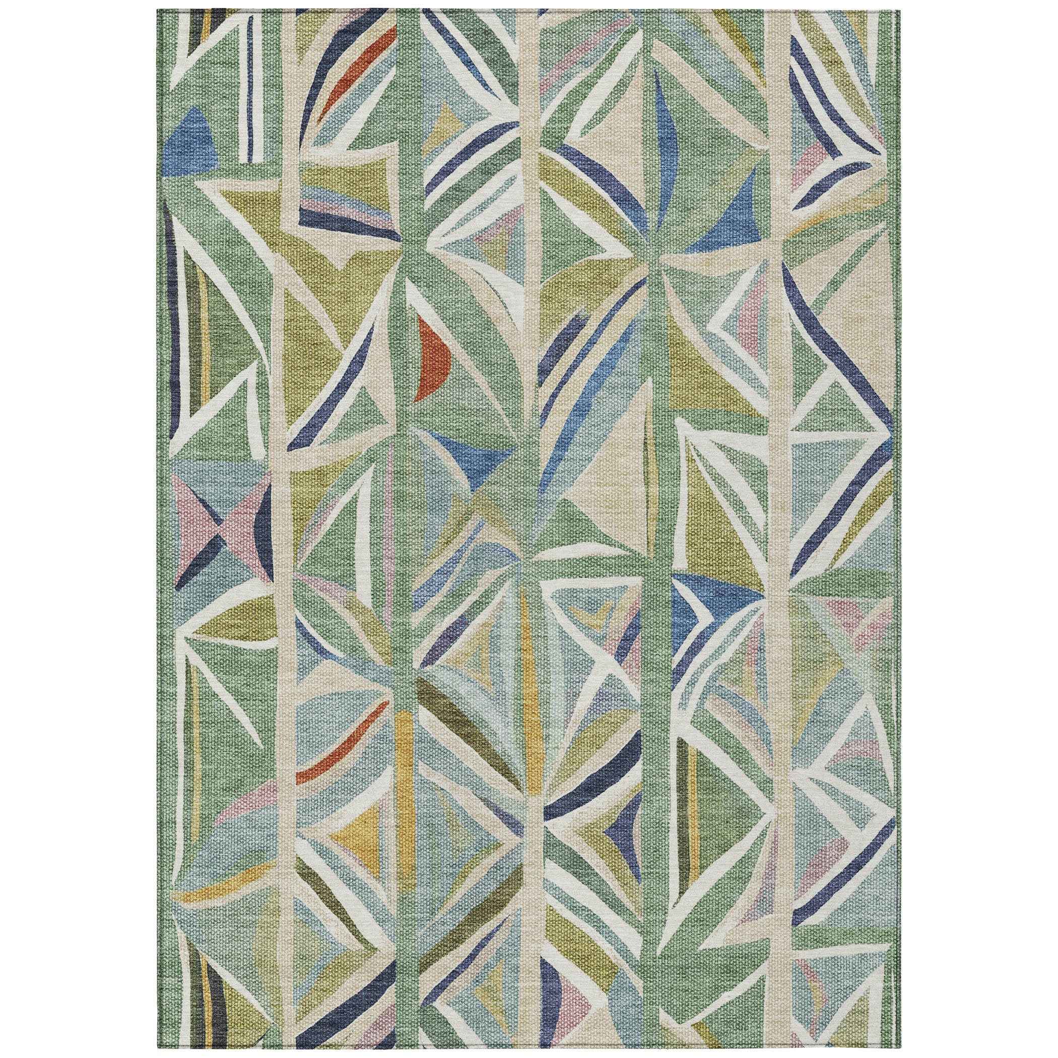 5' X 8' Sage Blue And Ivory Geometric Washable Indoor Outdoor Area Rug