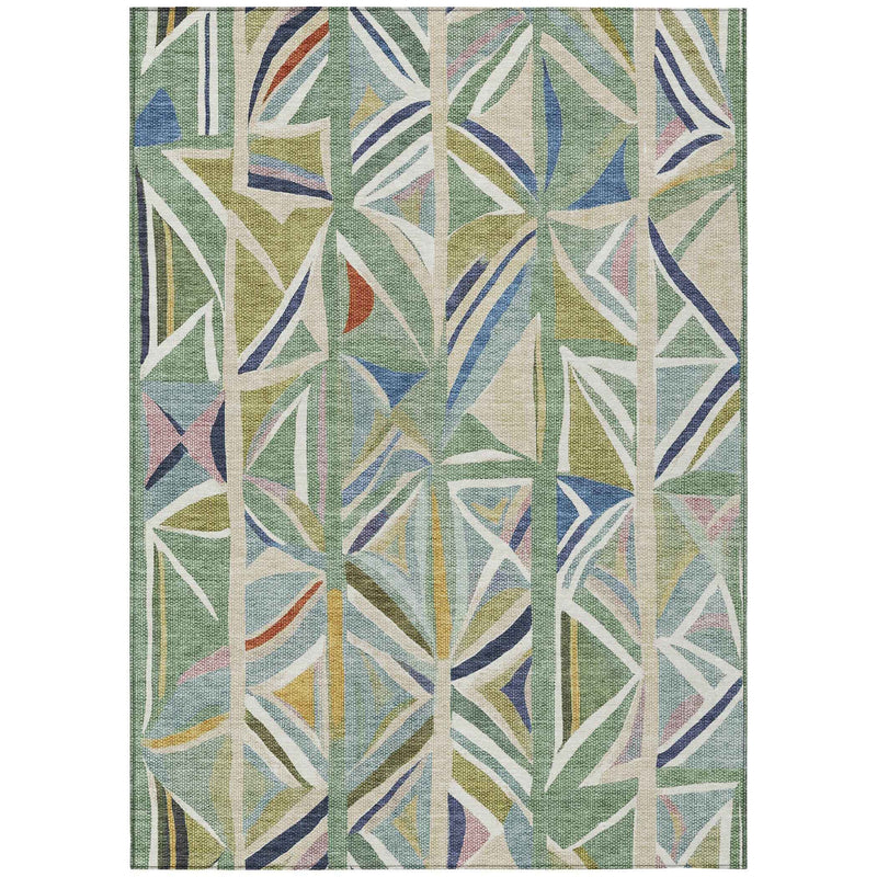 5' X 8' Sage Blue And Ivory Geometric Washable Indoor Outdoor Area Rug