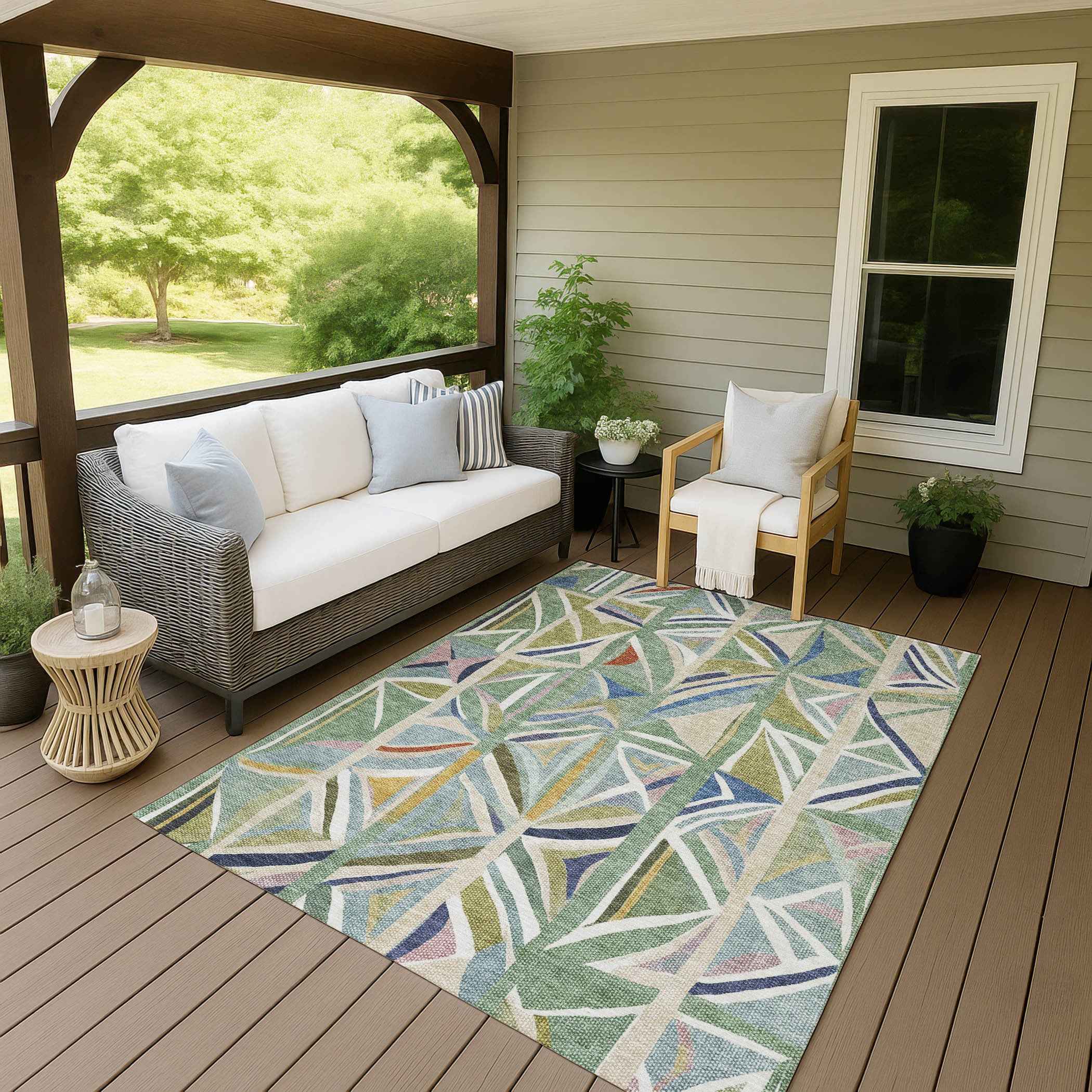 5' X 8' Sage Blue And Ivory Geometric Washable Indoor Outdoor Area Rug