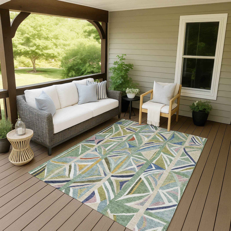 5' X 8' Sage Blue And Ivory Geometric Washable Indoor Outdoor Area Rug