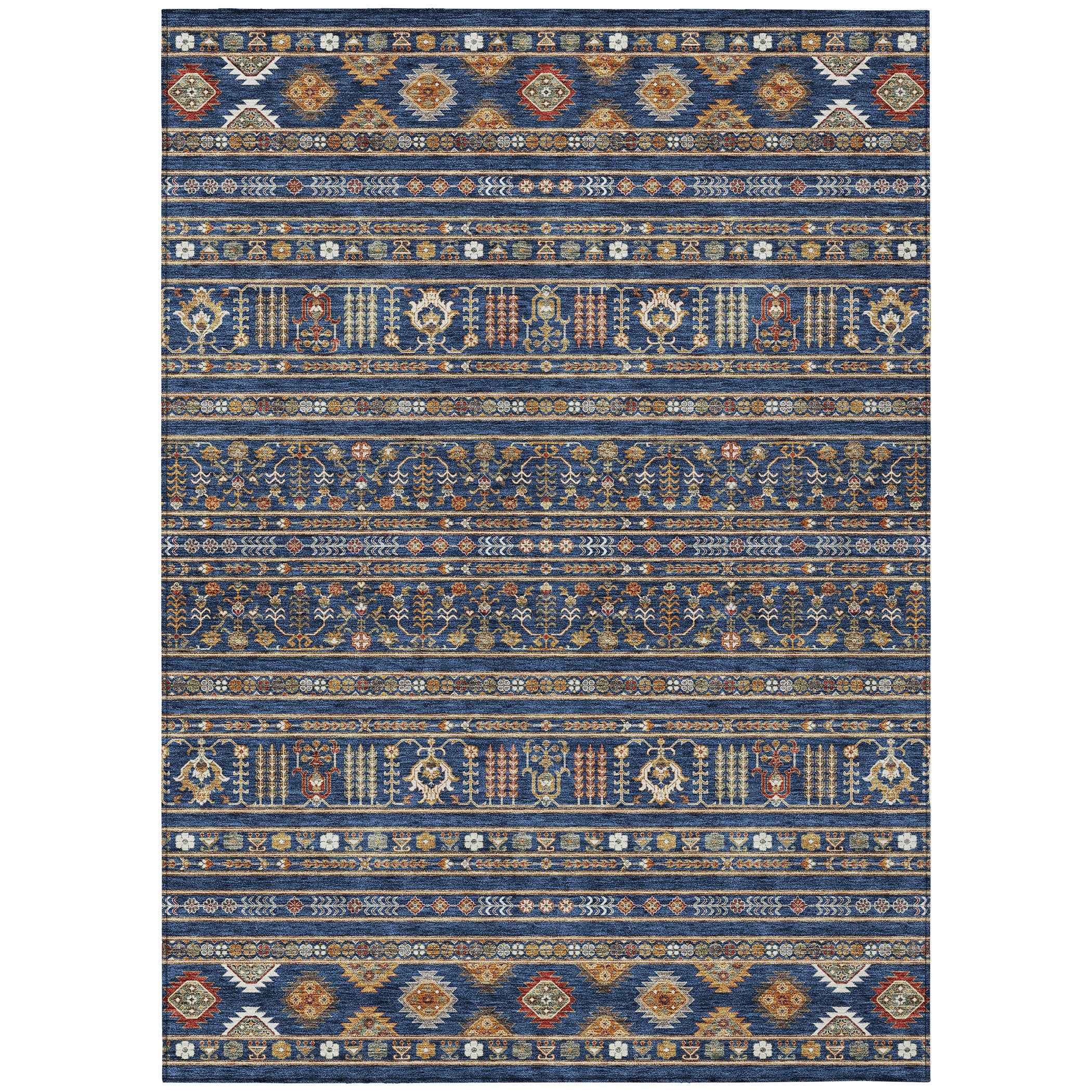 5' X 8' Navy Blue Copper And Gold Tribal Washable Indoor Outdoor Area Rug