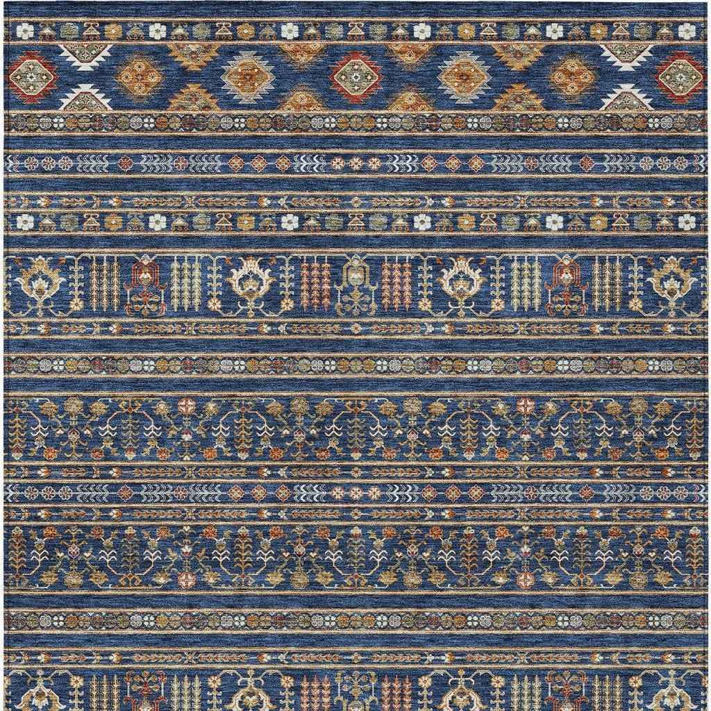 5' X 8' Navy Blue Copper And Gold Tribal Washable Indoor Outdoor Area Rug