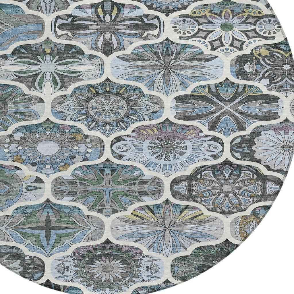 8' Blue And Ivory Round Quatrefoil Washable Indoor Outdoor Area Rug Default Title