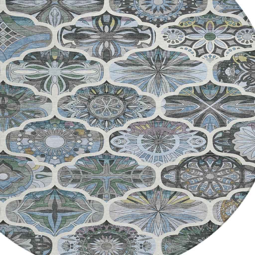 8' Blue And Ivory Round Quatrefoil Washable Indoor Outdoor Area Rug