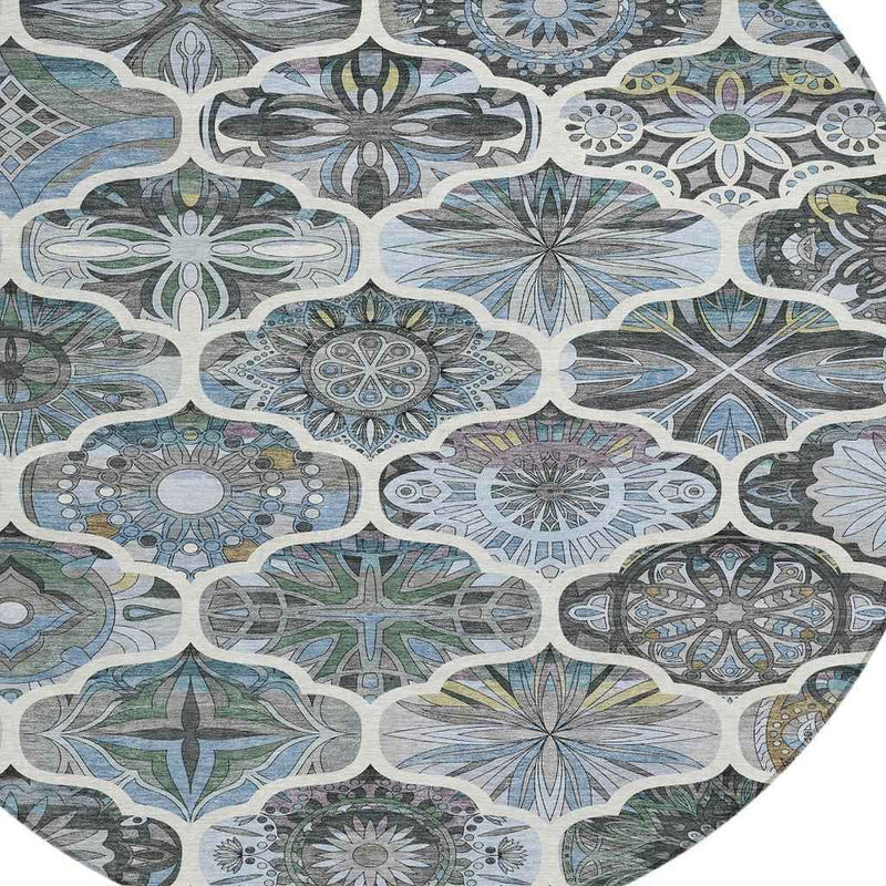 8' Blue And Ivory Round Quatrefoil Washable Indoor Outdoor Area Rug