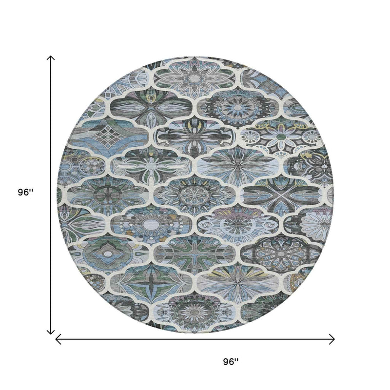 8' Blue And Ivory Round Quatrefoil Washable Indoor Outdoor Area Rug