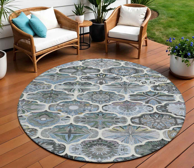 8' Blue And Ivory Round Quatrefoil Washable Indoor Outdoor Area Rug