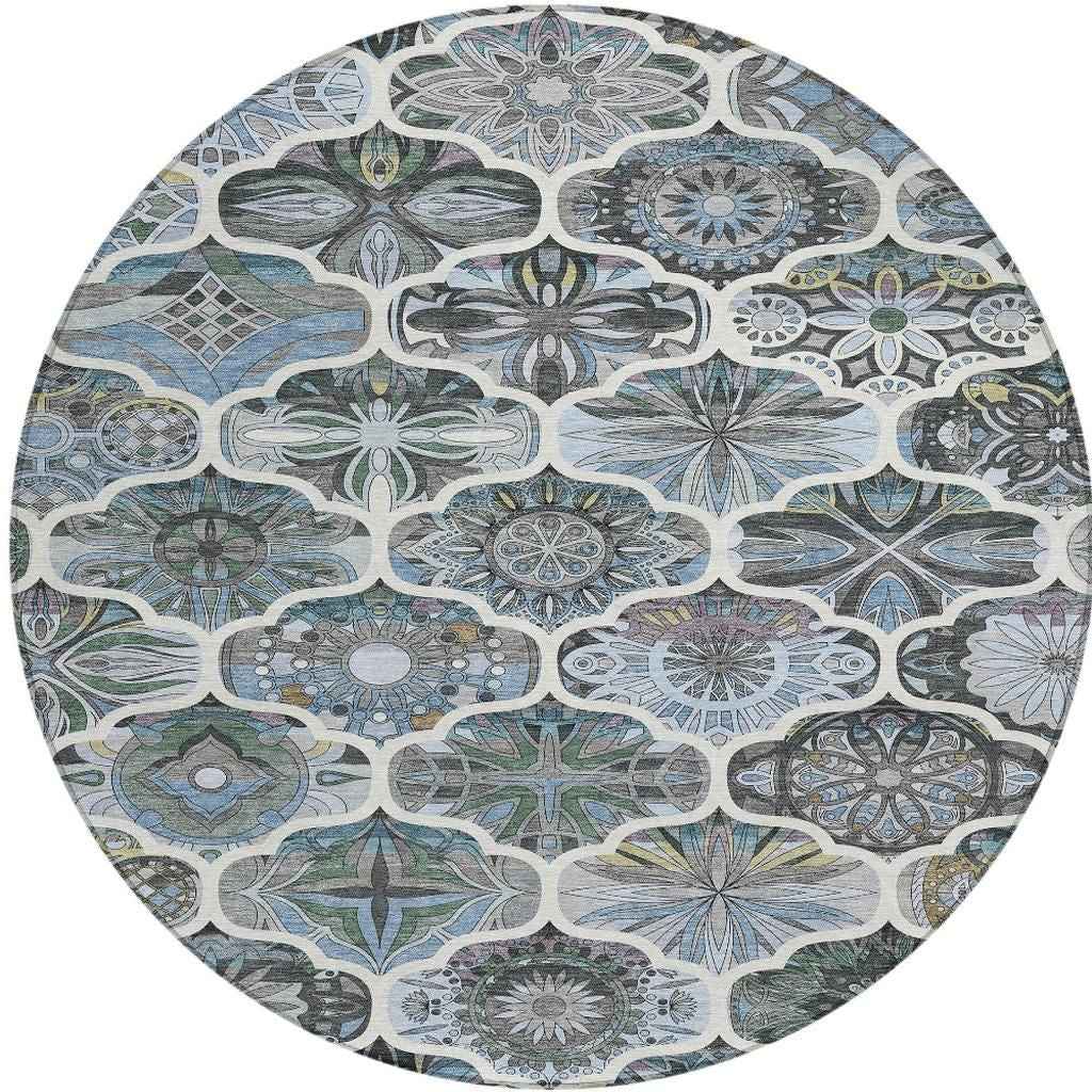 8' Blue And Ivory Round Quatrefoil Washable Indoor Outdoor Area Rug
