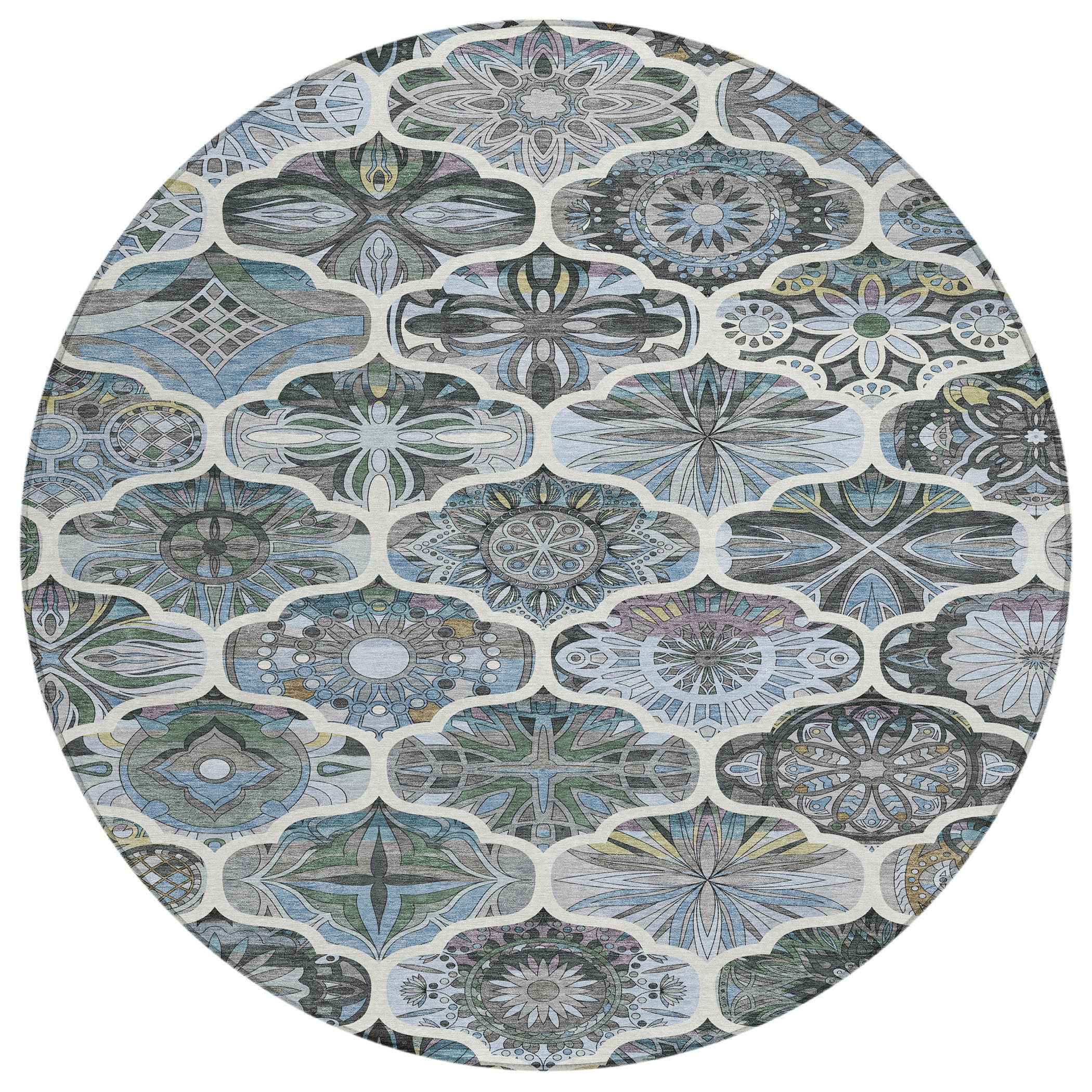 8' Blue And Ivory Round Quatrefoil Washable Indoor Outdoor Area Rug