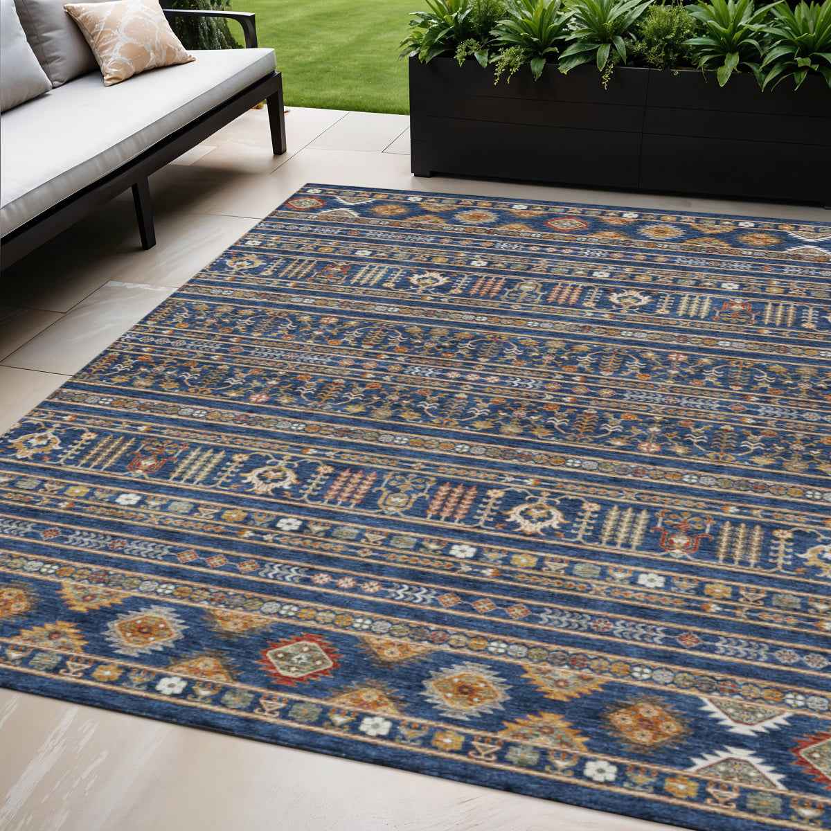 5' X 8' Navy Blue Copper And Gold Tribal Washable Indoor Outdoor Area Rug
