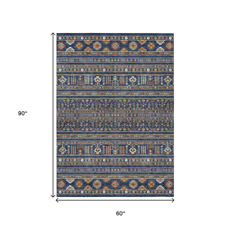5' X 8' Navy Blue Copper And Gold Tribal Washable Indoor Outdoor Area Rug