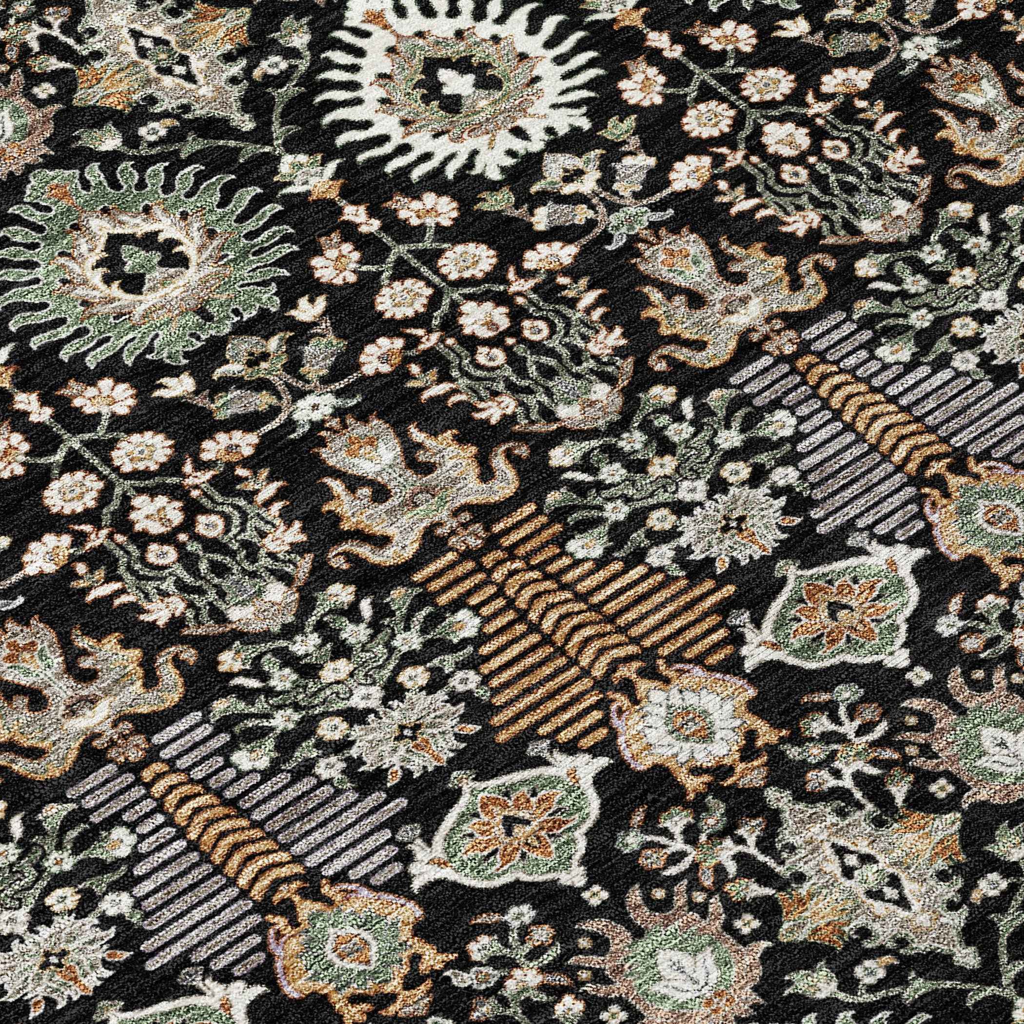 5' X 8' Black And Ivory Floral Washable Indoor Outdoor Area Rug