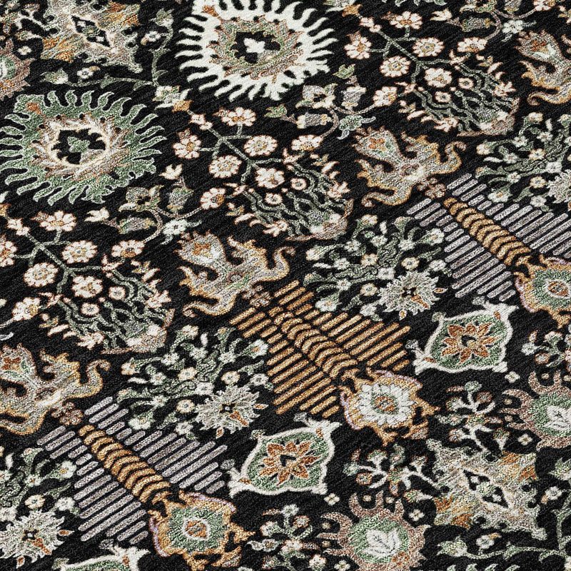 5' X 8' Black And Ivory Floral Washable Indoor Outdoor Area Rug