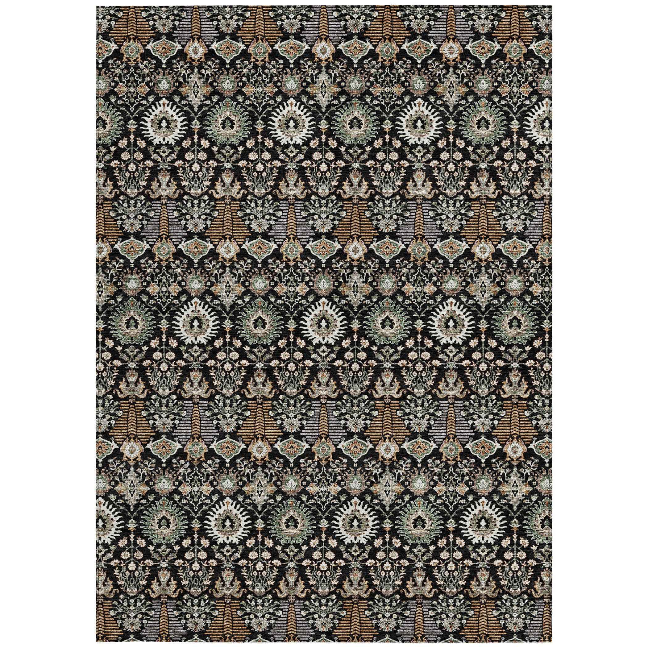 5' X 8' Black And Ivory Floral Washable Indoor Outdoor Area Rug