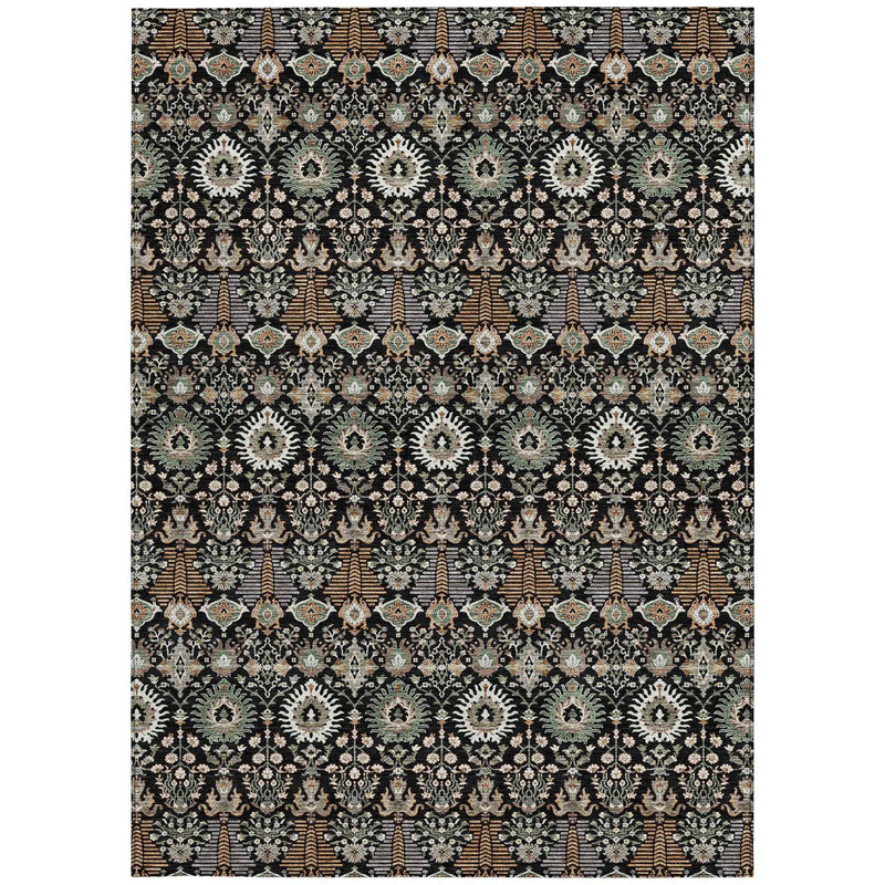 5' X 8' Black And Ivory Floral Washable Indoor Outdoor Area Rug