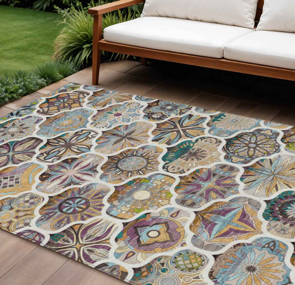 8' X 10' Beige Teal Blue And Copper Quatrefoil Washable Indoor Outdoor Area Rug