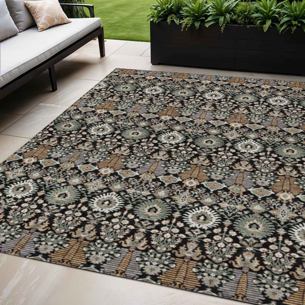 5' X 8' Black And Ivory Floral Washable Indoor Outdoor Area Rug