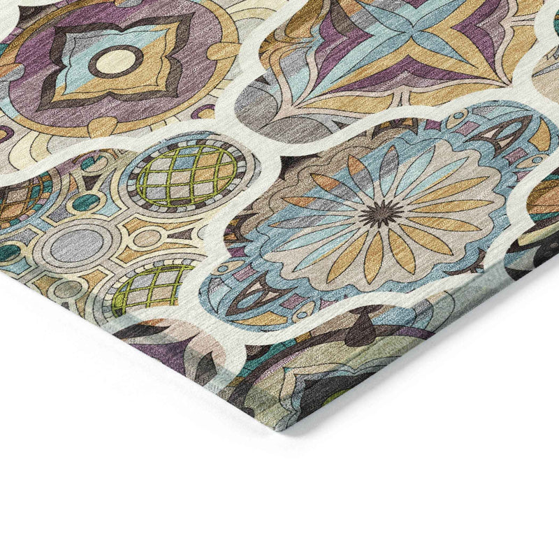 8' X 10' Beige Teal Blue And Copper Quatrefoil Washable Indoor Outdoor Area Rug