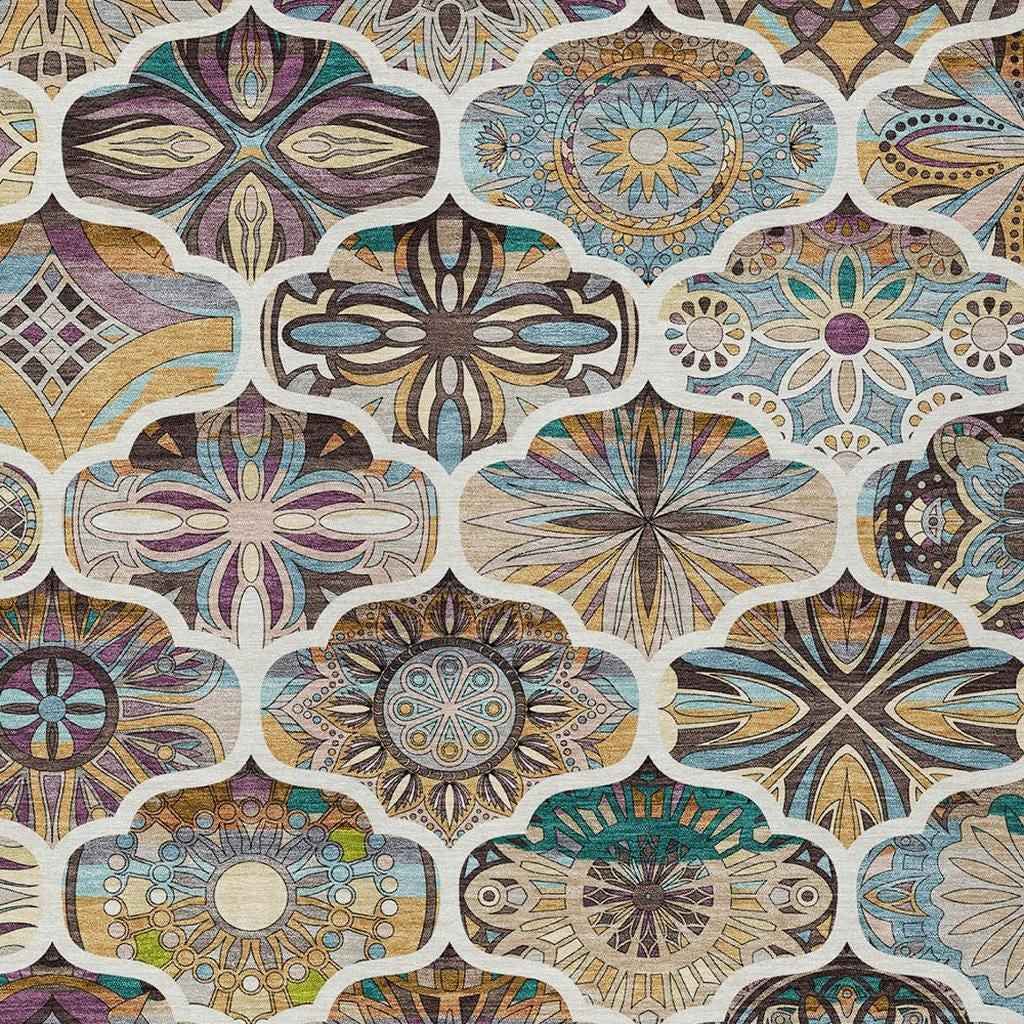 8' X 10' Beige Teal Blue And Copper Quatrefoil Washable Indoor Outdoor Area Rug