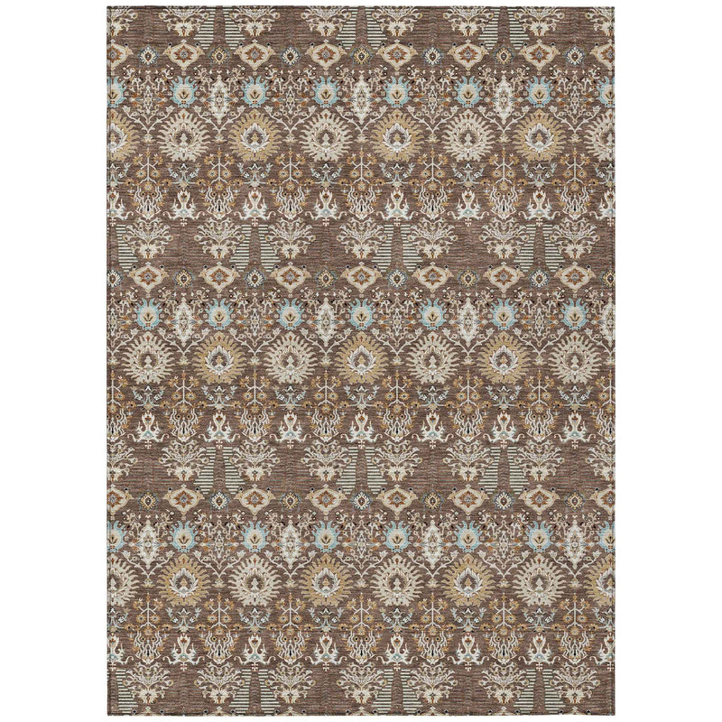 10' X 14' Brown And Beige Floral Washable Indoor Outdoor Area Rug