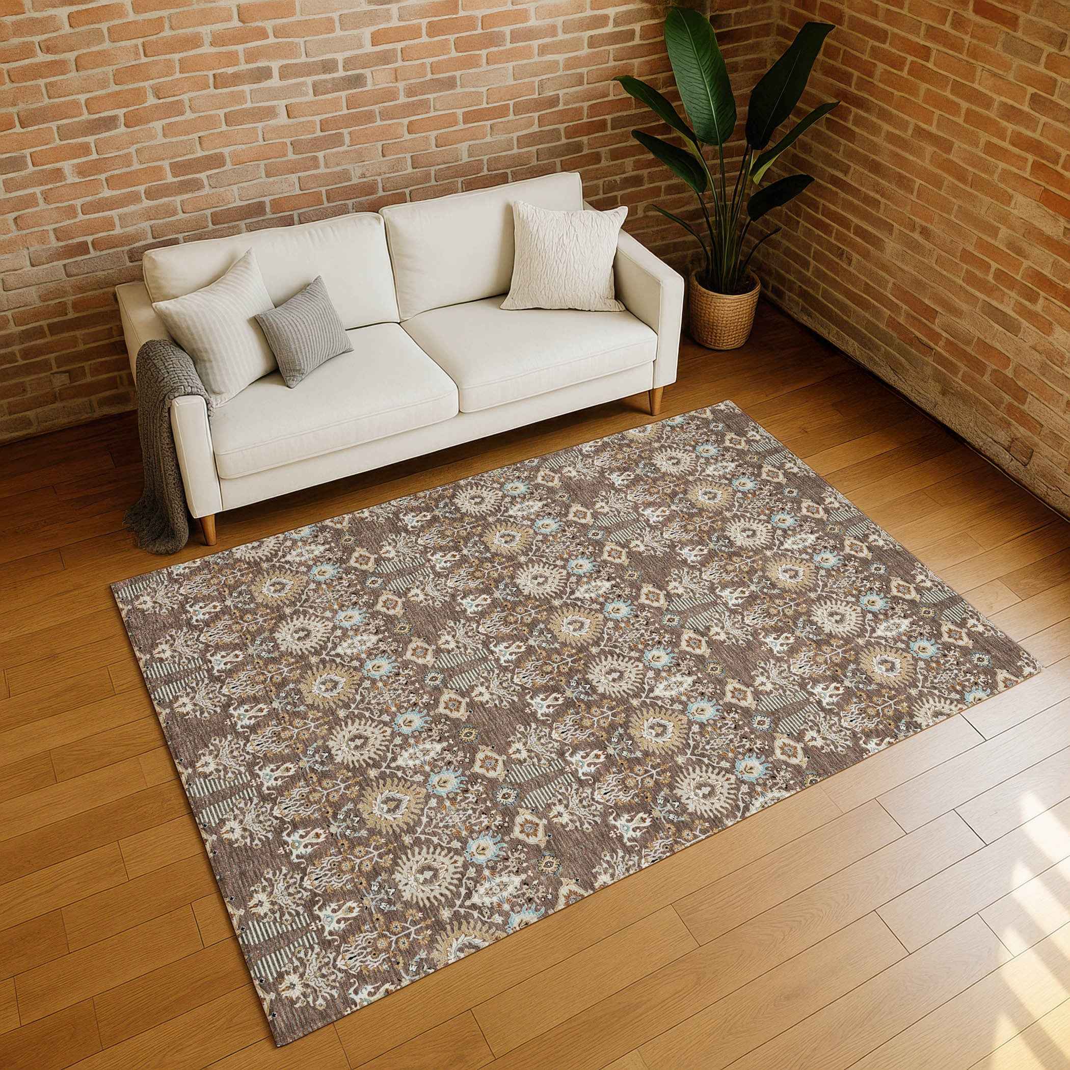10' X 14' Brown And Beige Floral Washable Indoor Outdoor Area Rug