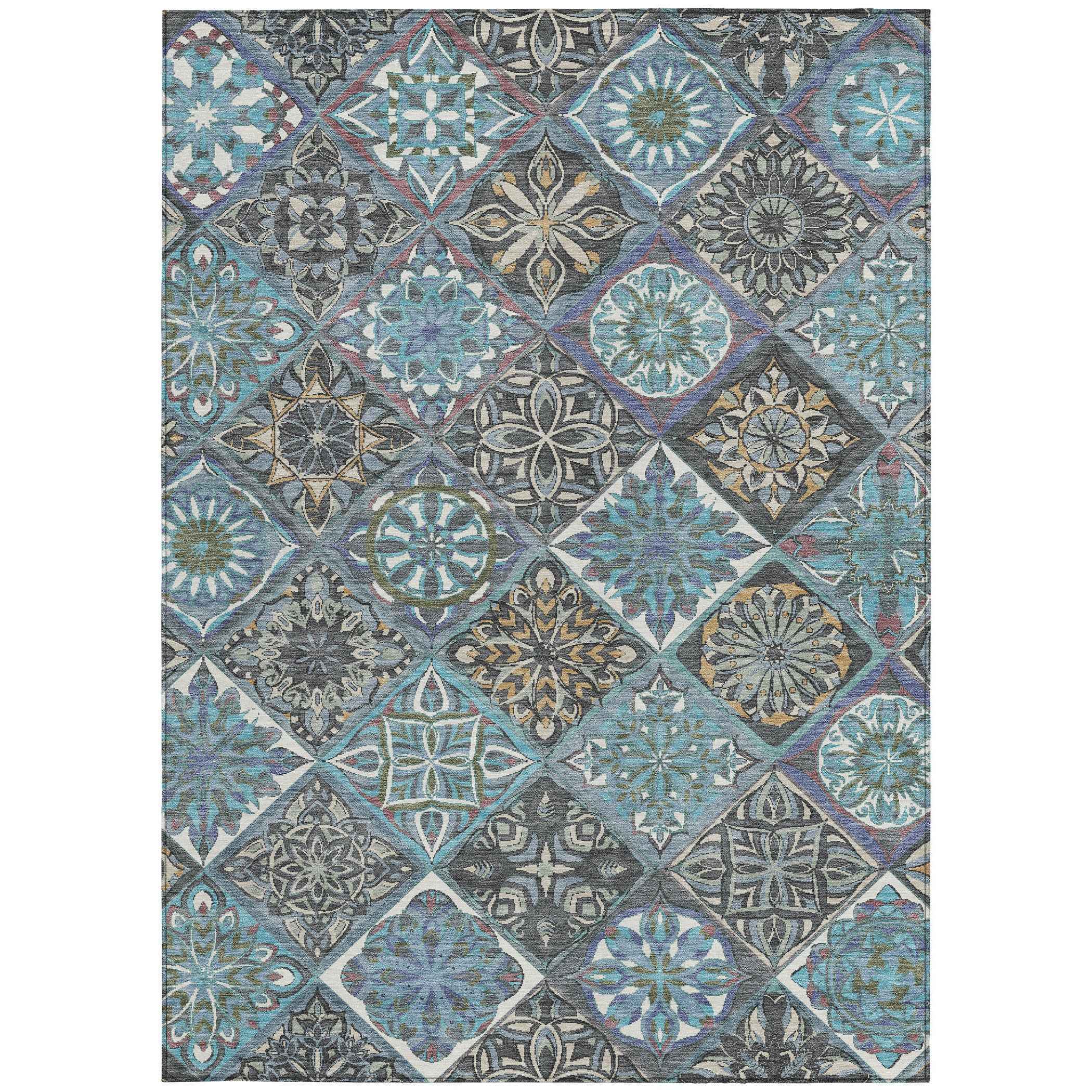 3' X 5' Teal Blue And Ivory Patchwork Washable Indoor Outdoor Area Rug