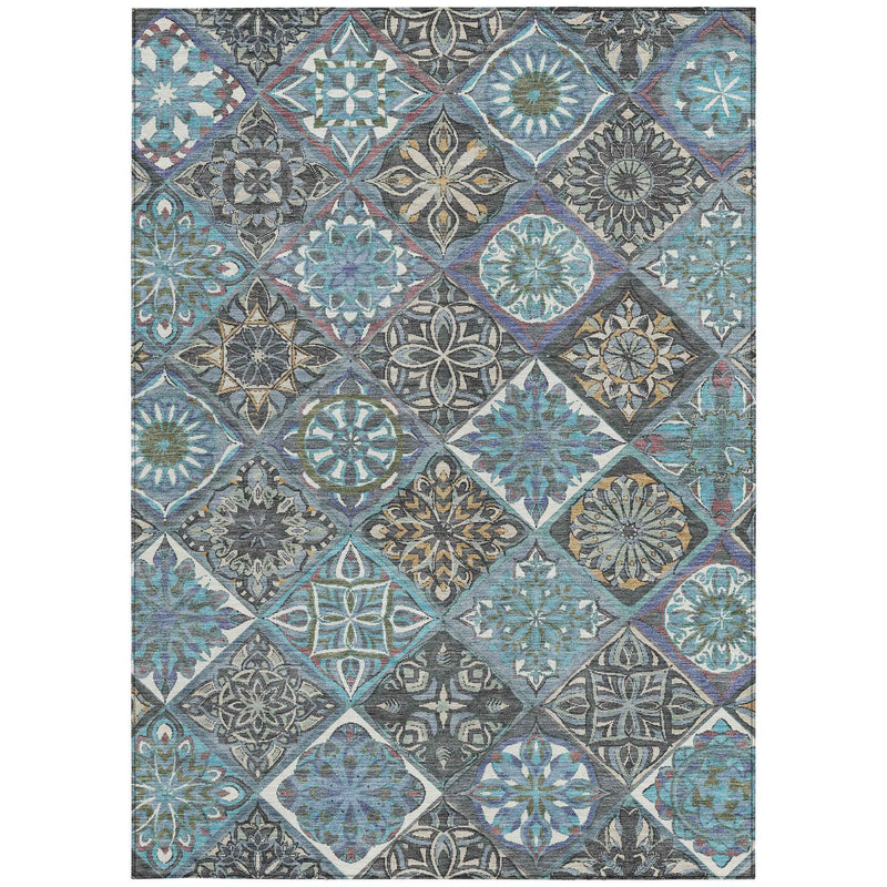 3' X 5' Teal Blue And Ivory Patchwork Washable Indoor Outdoor Area Rug