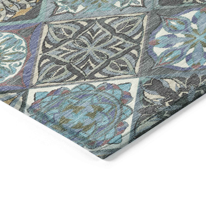 3' X 5' Teal Blue And Ivory Patchwork Washable Indoor Outdoor Area Rug