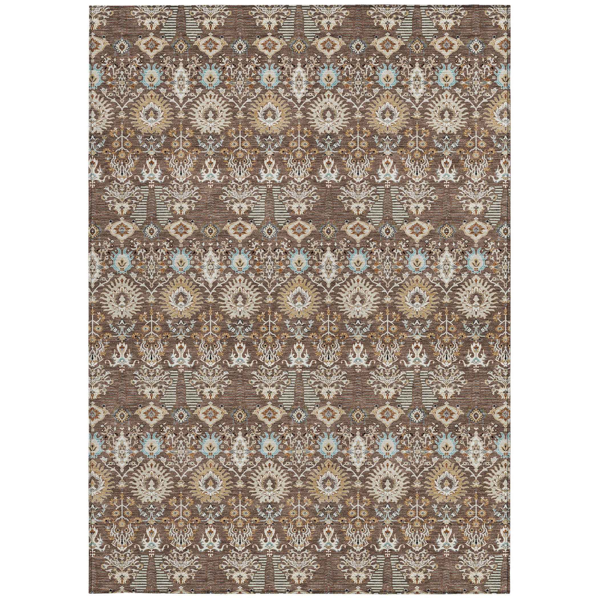 10' X 14' Brown And Beige Floral Washable Indoor Outdoor Area Rug