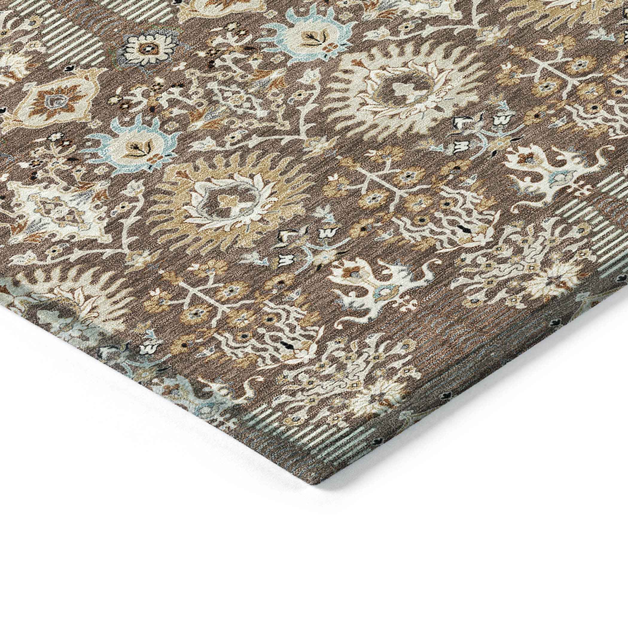 10' X 14' Brown And Beige Floral Washable Indoor Outdoor Area Rug