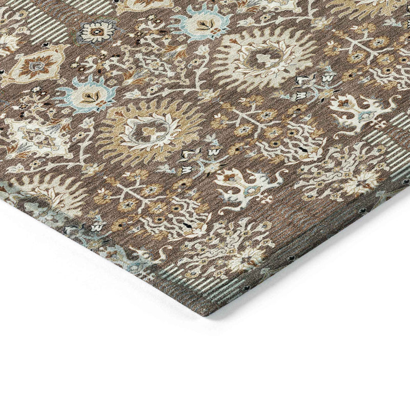 10' X 14' Brown And Beige Floral Washable Indoor Outdoor Area Rug
