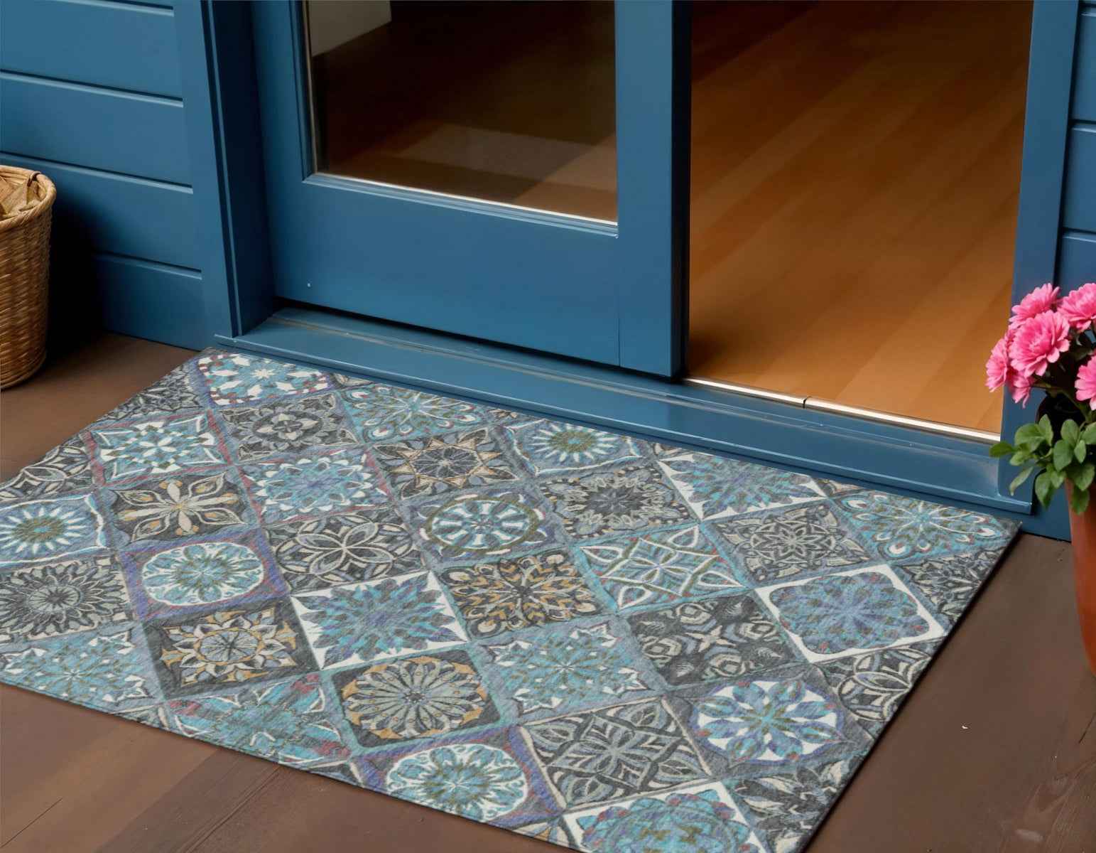 3' X 5' Teal Blue And Ivory Patchwork Washable Indoor Outdoor Area Rug