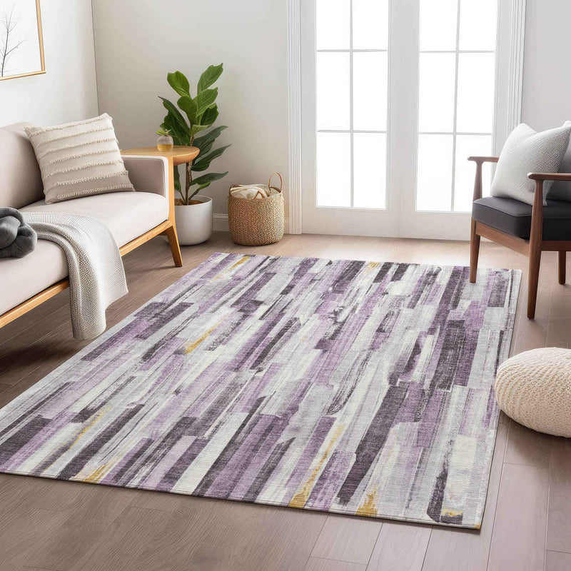 3' X 5' Lavender And Ivory Striped Washable Indoor Outdoor Area Rug