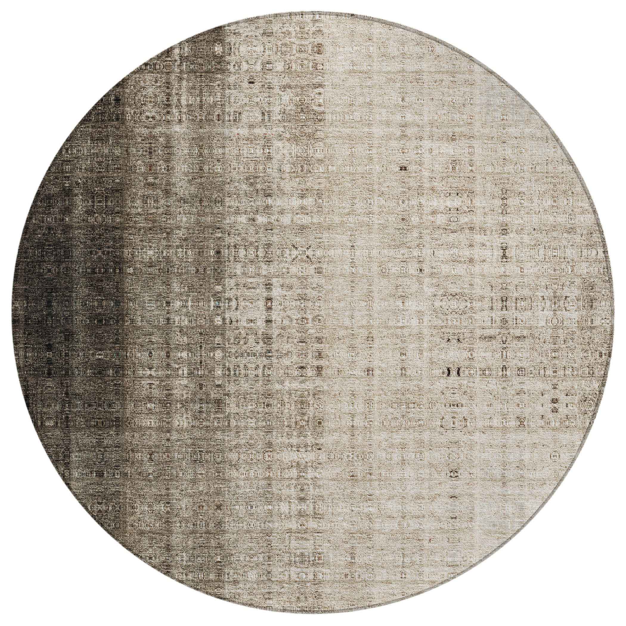 8' Brown And Beige Round Striped Washable Indoor Outdoor Area Rug